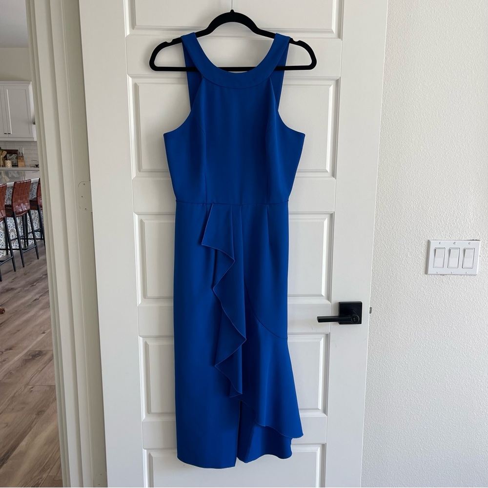 Charles Henry Blue Asymmetrical Ruffled Halter Dress